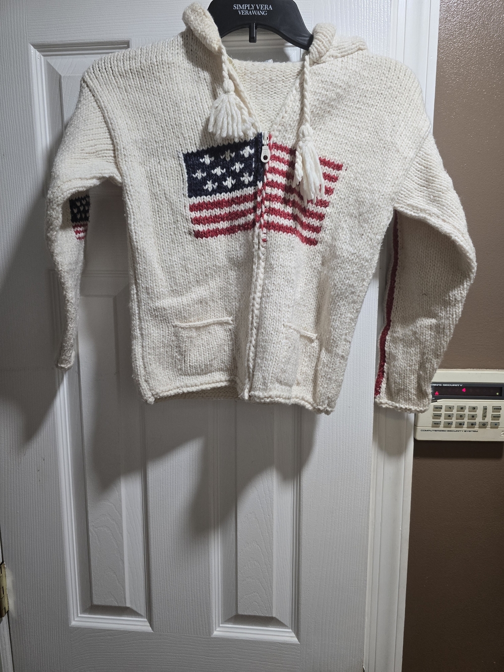 Kids Cream Hooded Zip Sweater with Flag Motif
